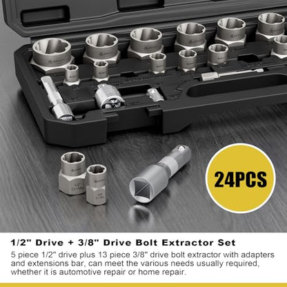 ANPUDS 24 Piece Bolt Extractor Kit, 1/2" and 3/8" Drive Impact Bolt & Nut Remover Set, Stripped Bolt Extractor Set, Lug Nut Removal Tool for Removing Damaged, Frozen, Rusted, Rounded Bolts, Nuts Screw