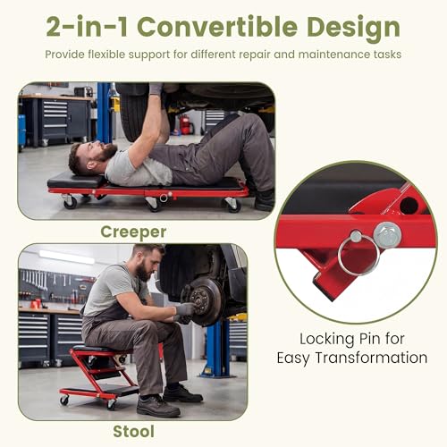 IRONMAX Folding Mechanic Z-Creeper, 2-in-1 Automotive Creeper & Stool, 36" Rolling Garage Tool with Padded Seat & 6 Swivel Casters, 400 LBS Capacity, Lay Down Sit for Under Car Repair (Red, 36-inch)