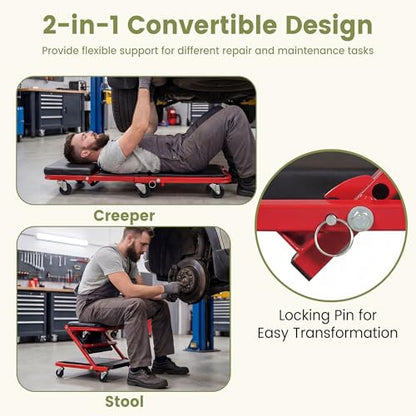 IRONMAX Folding Mechanic Z-Creeper, 2-in-1 Automotive Creeper & Stool, 36" Rolling Garage Tool with Padded Seat & 6 Swivel Casters, 400 LBS Capacity, Lay Down Sit for Under Car Repair (Red, 36-inch)