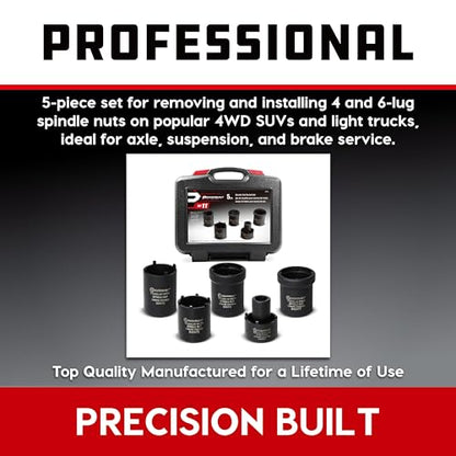 Powerbuilt Spindle Nut Socket Tool Kit, 5 Piece, Remove Spindle Nuts, Various Size Lug Out Spindle Sockets, Size Markings, Storage Case - 648636, Black - style: Spindle Nut Socket Set