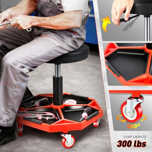 DNA Motoring TOOLS-00253 Adjustable Height Pneumatic Garage Seat Rolling Mechanic Stool with Tool Tray Storage,300lbs Max Weight Capacity - color: Red
