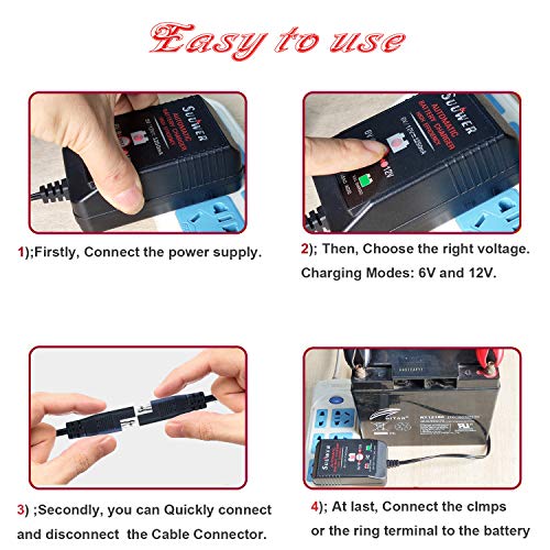 Suuwer Automatic Trickle Battery Charger, 6V&12V 1250mA Battery Maintainer. | for Car Motorcycle ATV Boat, With 12FT DC Cable