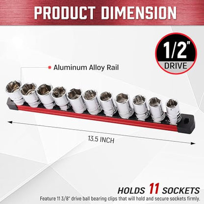 ALOANES 1/2-Inch Drive Magnetic Socket Organizer, Heavy Duty Aluminum Socket Rails, 11 Stainless Clips (Red)