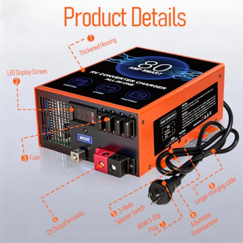 80 Amp RV Power Converter, 120V AC to 12V DC RV Converter Battery Charger, Compatible With Lithium Batteries Lead-Acid Batteries, Adjustable Voltage 13V-16.5V, Suitable for RV, Boat & Off-Grid Systems