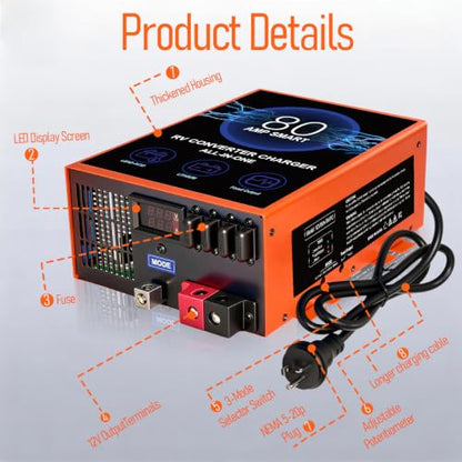 80 Amp RV Power Converter, 120V AC to 12V DC RV Converter Battery Charger, Compatible With Lithium Batteries Lead-Acid Batteries, Adjustable Voltage 13V-16.5V, Suitable for RV, Boat & Off-Grid Systems