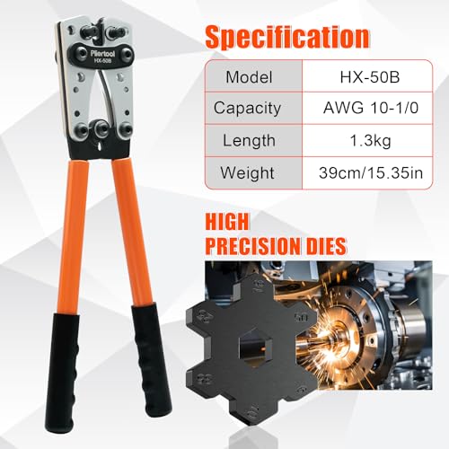 Battery Cable Crimper Tool For AWG 10-1/0 Gauge Electrical Lug, Battery Terminal Connectors with 60PCS Copper Wire Lugs, Wire Crimping Tool For Heavy Duty Copper Wire Lugs
