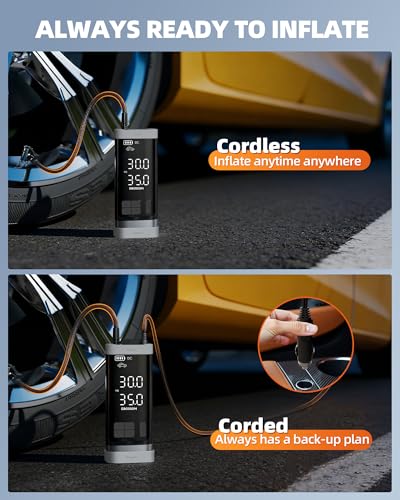 Dual Cylinder Portable Tire Inflator, 150PSI Cordless Air Compressor | 5X Fast inflation with rechargeable battery+12V DC, memory function for pickup car vehicles