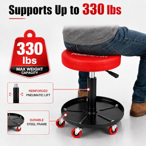 PowerSmart 330 lbs Capacity Pneumatic Roller Seat with Wheels, Adjustable Rolling Mechanic Stool with Tool Tray, Hydraulic Garage Shop Stool, Swivel Creeper Seat for Automotive Repair - size: Medium