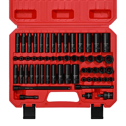 CASOMAN 55PCS 1/4-Inch Drive Impact Socket Set, Shallow & Deep, 5/32 Inch - 9/16 Inch, 4mm - 15mm, Metric/SAE, 6-Point, Cr-V Steel Socket Set - size: 1/4"Drive 55pcs Impact Master Socket Set