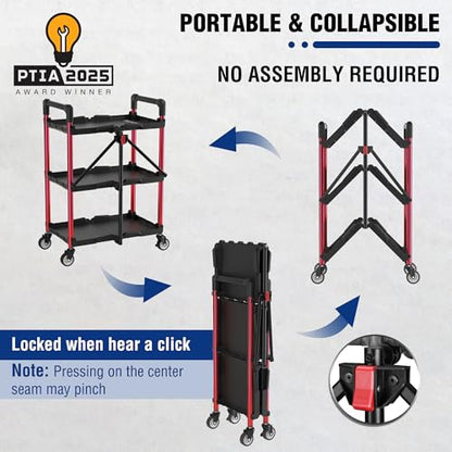 WORKPRO 3-Tier Collapsible Service Cart, Black/Red, 210 LBS Foldable Utility Cart with Wheels, Portable Rolling Tool Cart for Garage, Warehouse, Home, Restaurant and Office (No Assembly Required) - color: Black/Glossy Red