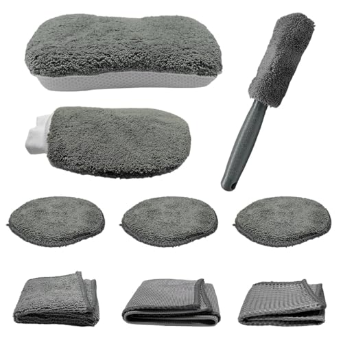 9PCS Car Cleaning Kit, No-Scratch Auto Detailing Tools Set with Wash Mitt, Large Sponge, Wheel Brush, Wax Applicator Pads and Microfiber Towels for Car Interior and Exterior Care (Gray) - color: Gray