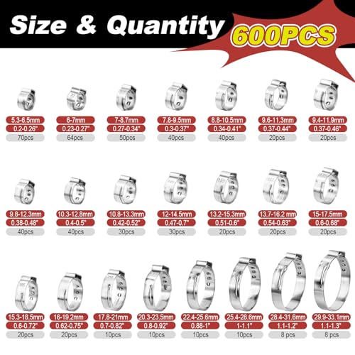 600PCS 22 Sizes Single Ear Hose Clamps, 304 Stainless Steel | 5.3-33.1mm Crimp Hose Clamps, Ear Clamp for Automotive, Home Appliance Line, Pipe Hoses and Industry Use - size: 5.3-33.1mm, style: 600PCS 22 Sizes