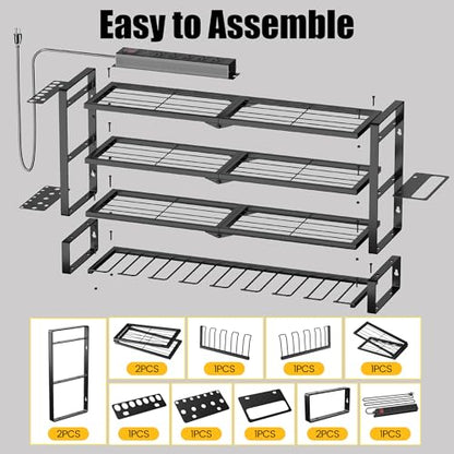MOOMSINE Large Power Tool Organizer Wall Mount with Charging Station for Garage, 400lbs Metal Storage Rack with 8 Cordless Drill Holder, 4 Tier Heavy Duty Battery Tool Shelf with 5 Outlet Power Strip - size: 32 Inch（4 Tier Power Station）