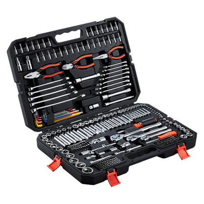VEVOR Mechanics Tool Set, 314-Piece Mechanic Tool Kit, 1/4 in, 3/8 in, and 1/2 in Drive, Metric Socket Set, Wrenches, Screwdriver Bits, Accessories, and Storage Case, for Automotive and Home Repair - size: 1/4"&3/8"&1/2", style: 314 PCS