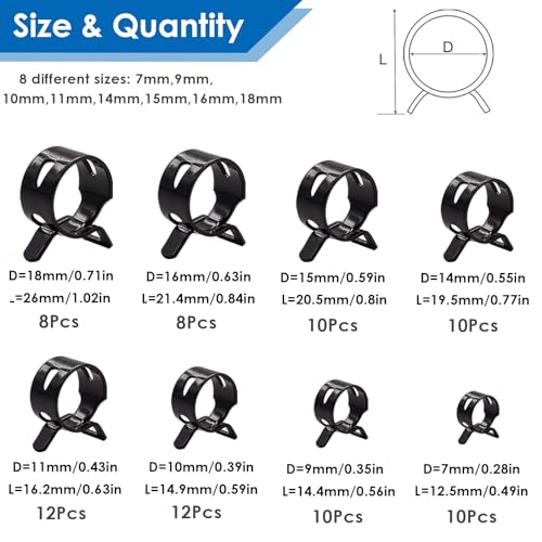 Tnisesm 81Pcs Spring Band Hose Clamps Assortment Kits with Hose Clamp Pliers Silicone Vacuum Hose Pipe Clamp 7mm 9mm 10mm 11mm 14mm 15mm 16mm 18mm Low Pressure Air Clip Clamp - size: 81Pcs-8 Sizes+Plier