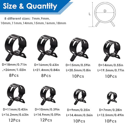 Tnisesm 81Pcs Spring Band Hose Clamps Assortment Kits with Hose Clamp Pliers Silicone Vacuum Hose Pipe Clamp 7mm 9mm 10mm 11mm 14mm 15mm 16mm 18mm Low Pressure Air Clip Clamp - size: 81Pcs-8 Sizes+Plier