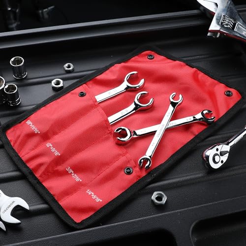 WORKPRO 4-Piece Flare Nut Wrench Set, SAE Brake Line Wrenches, 1/4", 5/16", 3/8", 7/16", 1/2", 9/16", 5/8", 11/16", Cr-V Steel, 15° Offset Head Tubing Wrench, Organizer Pouch Included - size: SAE