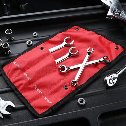 WORKPRO 4-Piece Flare Nut Wrench Set, SAE Brake Line Wrenches, 1/4", 5/16", 3/8", 7/16", 1/2", 9/16", 5/8", 11/16", Cr-V Steel, 15° Offset Head Tubing Wrench, Organizer Pouch Included - size: SAE