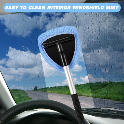 Baderke 10 Pcs Windshield Cleaner Tool Car Window Cleaning Supplies with Extendable Handle Include 6 Washable Microfiber Bonnets 2 Empty 60ml Spray Bottle Glass Wiper Kit(Light Blue) - color: Light Blue