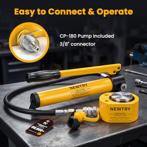 NEWTRY 10T Low Profile Hydraulic Jack Porta Power Kit + CP-180 Manual Hydraulic Hand Pump, Industrial Mini Hydraulic Cylinder, Stroke 0.4” - size: 10T Hydraulic Jack + cp-180 pump