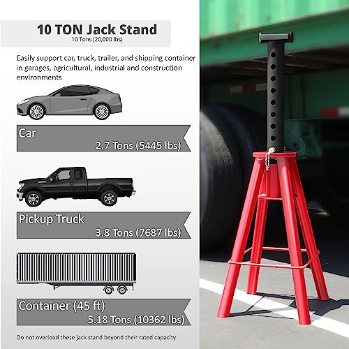 DNA Motoring 10T Pin-Type Jack Stands Heavy Duty Steel 10 Ton (20,000 lbs) Capacity,Adjustable Height 28"-47.5",TOOLS-00300