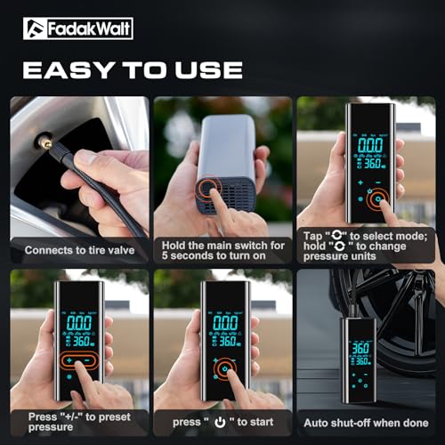 FADAKWALT Tire Inflator Portable Air Compressor, 150 PSI Cordless Air Pump for Car Tires with Smart Touch Screen, Auto Shut-Off Digital Gauge and SOS LED Light for Cars, SUVs, Bikes and Balls