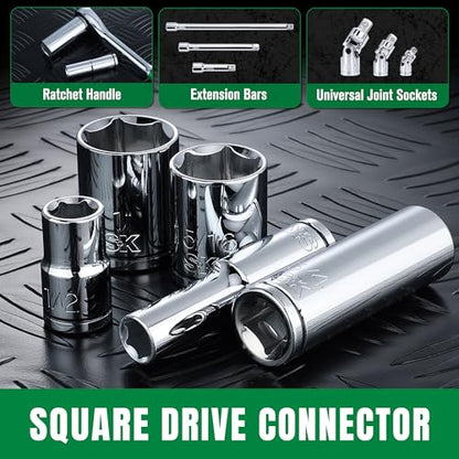 SK 1/2" Drive Socket Set, Deep SAE Sockets, 11-Piece 7/16" to 1-1/16" | SuperKrome Finish, Premium CR-V Steel, with Aluminum Socket Organizer - size: Deep, style: SAE