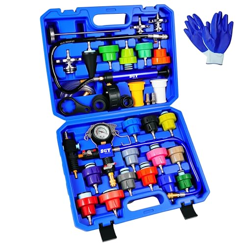 SGT Coolant Pressure Tester Kit, 33pc Universal Cooling System Radiator Leak Tester & Refiller with 23 Radiator Adapters,Master Coolant Vacuum Refill Kit with Vacuum Pump Vacuum Purge & Refill Tool