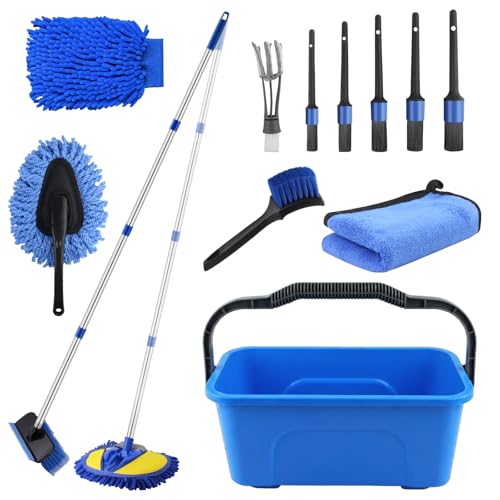 17Pcs Car Wash Kit with Bucket, Car Cleaning Kit with 62" Long Handle Car Wash Brush Mop, Mitt Duster Wheel Brush Detailing Brushes Towel, Car Washing Supplies for Cars RV Truck Exterior and Interior