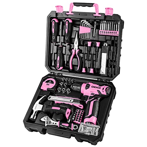 DEKOPRO Drill Set, Home Tool Set with 8V Pink Cordless Drill, Hand Tool Kit for Women, 126 pcs - color: Pink
