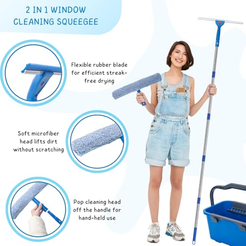 Window Cleaning Kit for Home and Commercial Use, 6 Ft Long Handle Professional Glasses Cleaner Squeegee with 3 Gallon Bucket and Spray Bottle and Scrubber, Car Windshield Washing Tool