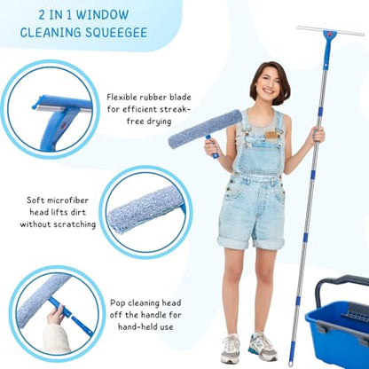 Window Cleaning Kit for Home and Commercial Use, 6 Ft Long Handle Professional Glasses Cleaner Squeegee with 3 Gallon Bucket and Spray Bottle and Scrubber, Car Windshield Washing Tool