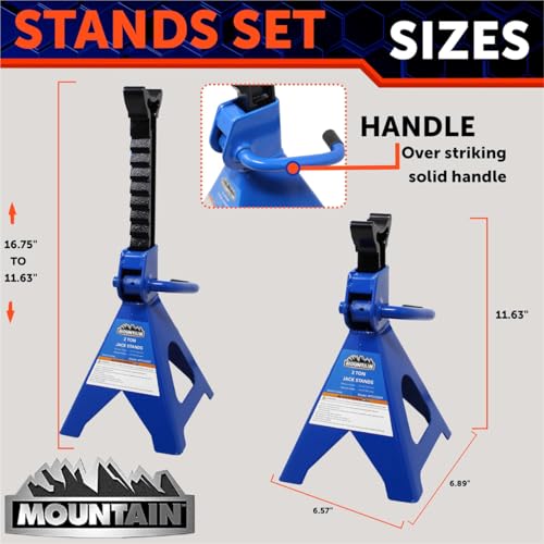 Mountain 52009 2 Ton Automotive Jack Stands for Garages, Repair Shops, and DIY, 4,000 lbs. Capacity, Lightweight, Heavy Duty Steel Frame, Adjustable Height 10.3"- 16.2", Wide Base, Black/Blue, Pair