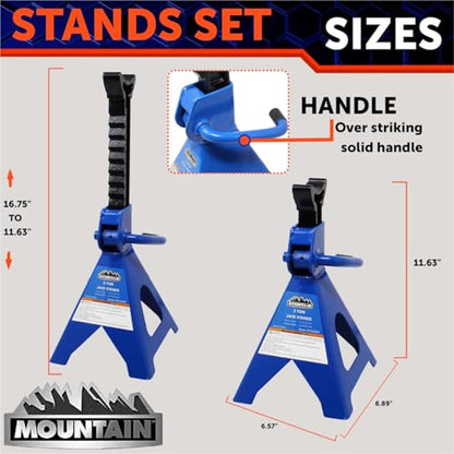 Mountain 52009 2 Ton Automotive Jack Stands for Garages, Repair Shops, and DIY, 4,000 lbs. Capacity, Lightweight, Heavy Duty Steel Frame, Adjustable Height 10.3"- 16.2", Wide Base, Black/Blue, Pair