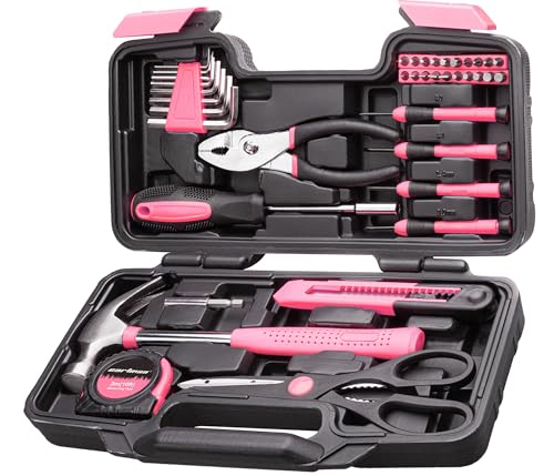 CARTMAN 39-Piece Household Tool Set, pink Hand Kit With Storage Case | Complete assortment for home repairs, DIY projects, furniture setup, crafting, and daily household fixes in toolbox. - color: pink