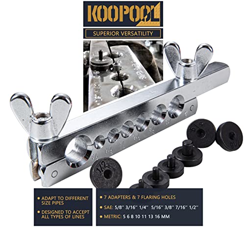 KOOPOOL Double & Single Flaring Tool Kit for Brake Line HVAC System with Tube Cutter Extra 7 Adapters,Brass Copper Pipe 45 Degrees Flaring Tool - size: 10PCS