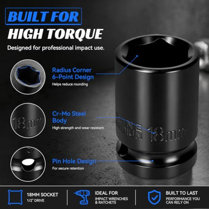 2PCS 18mm Impact Socket 1/2" Drive, 6 Point Metric Shallow Socket, CR-V Steel Heavy Duty Impact Wrench Socket for Automotive Repair - size: 18mm