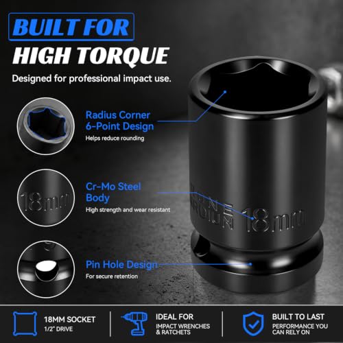 2PCS 18mm Impact Socket 1/2" Drive, 6 Point Metric Shallow Socket, CR-V Steel Heavy Duty Impact Wrench Socket for Automotive Repair - size: 18mm