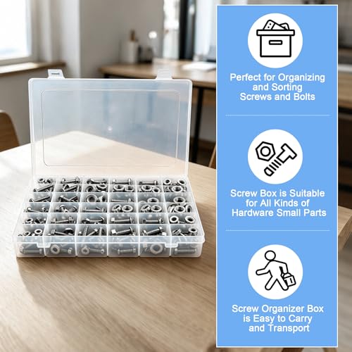 Screw Organizer Box, Organizing and Sorting Small Parts and Tools, 36 Grids Storage Container with Adjustable Dividers for Hardware, Screws, Nuts and Bolts, Beads and Fishing Accessories, Transparent
