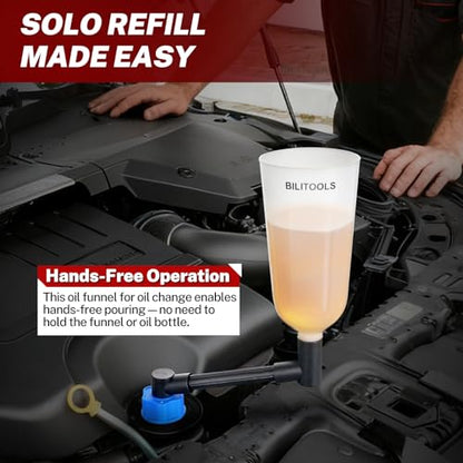 BILITOOLS Engine Oil Funnel Kit, Master Oil Filling Tool Kit for Oil Change | 2.2QT Automotive No Spill Funnel Set with 15 Adapters for Common Vehicle Makes and Models