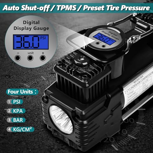 Dual Cylinder Portable Tire Inflator Air Compressor, 150 PSI 12V DC Air Pump with Digital Display, Emergency LED Light, Auto Shut-Off, Heavy Duty - color: Black