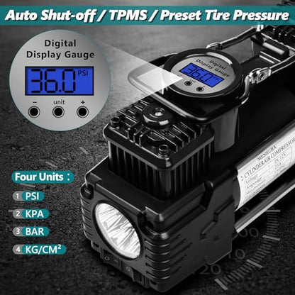 Dual Cylinder Portable Tire Inflator Air Compressor, 150 PSI 12V DC Air Pump with Digital Display, Emergency LED Light, Auto Shut-Off, Heavy Duty - color: Black
