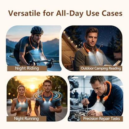 Orange Neck Light, Bluetooth Speaker, 5 Modes, USB-C Rechargeable | Hands-free 2-in-1 neck light and Bluetooth speaker with 90° adjustable beams, 5 modes, 2600mAh USB-C power, and 40+ hours. - color: Orange