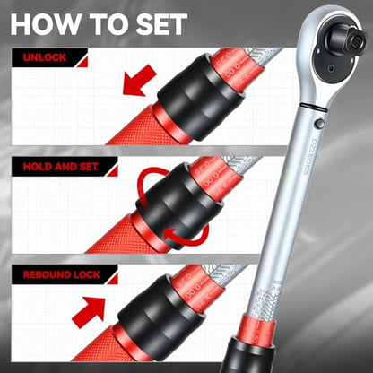 Auto Dynasty 1/2 Inch Dual-Scale Reversible Ratchet Wrench Set 5-45ft.lb/6.78-61.0 n.m with Quick Release and Accurate Torque Control - Perfect for Cars, Bikes, and Machinery Maintenance - size: 1/2 Inch-45ft.lb