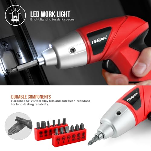 Hi-Spec 19pc 3.6V USB Small Power Screwdriver & Home DIY Tool Kit Set. Cordless & Rechargeable Electric Screwdriver and Compact Hand Tool Box Set,Red - color: Light Red