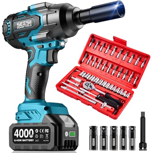 Seesii Impact Wrench & 46pcs Socket Wrench Set, 1000N.m (738 Ft-Lbs) Cordless Impact Driver, 1/2" Impact Gun With 21v 2x4.0Ah Battery, Auto/Motorcycle Tool Kit, Wh10 Ultra - color: 738 Ft-lbs / 2x4.0ah Battery & Torque Wrench Set