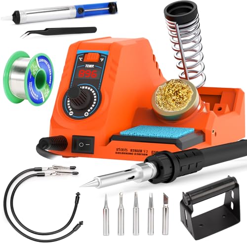 926LED V3 Entry-Level 60W Soldering Station Iron Kit in Orange with Temperature Control includes Helping Hands, Lead-Free Solder, 6 Soldering Tips, ESD-Safe Tweezers, Sleep Mode - color: Orange