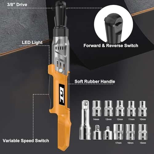 3/8" Cordless Ratchet Wrench, Compatible with DEWALT 20V MAX Battery, 74Ft-Lbs Power Brushless Electric Ratchet Tool Kit Variable Speed, 1/2" & 1/4" Adapters, 3" Extension Bar (Tool Only)