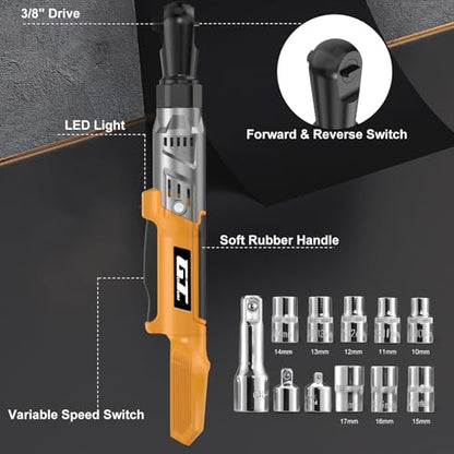 3/8" Cordless Ratchet Wrench, Compatible with DEWALT 20V MAX Battery, 74Ft-Lbs Power Brushless Electric Ratchet Tool Kit Variable Speed, 1/2" & 1/4" Adapters, 3" Extension Bar (Tool Only)