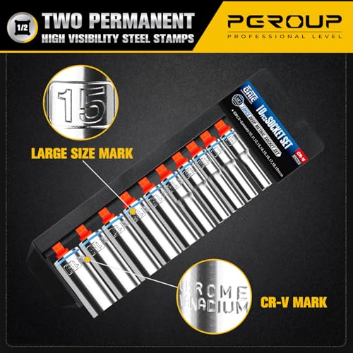 10PCS 1/2” Drive Deep Socket Set, Metric (10mm-19mm), 6-Point, Cr-V Steel, Chrome Plated Socket With Hanging Bracket, Cover Most Commonly Sizes - size: 1/2"Metric (10mm-19mm)